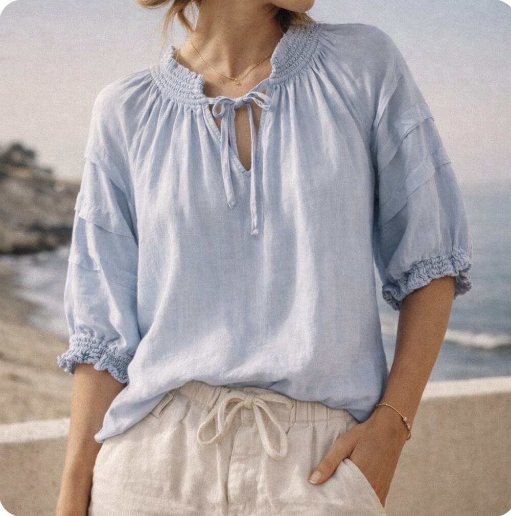 Rails Paris Light Vintage Blue Smocked Peasant Top XS Boho Coastal NWT
